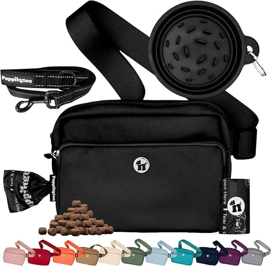 Puppington 3-in-1 Crossbody Dog Treat Pouch for Pet Training - Compostable Poop Bags, Built-In Poop Bag Dispenser, Slow-Feeding Travel Dog Bowl & Reflective Leash - Dog Walking Bag (Onyx Black)