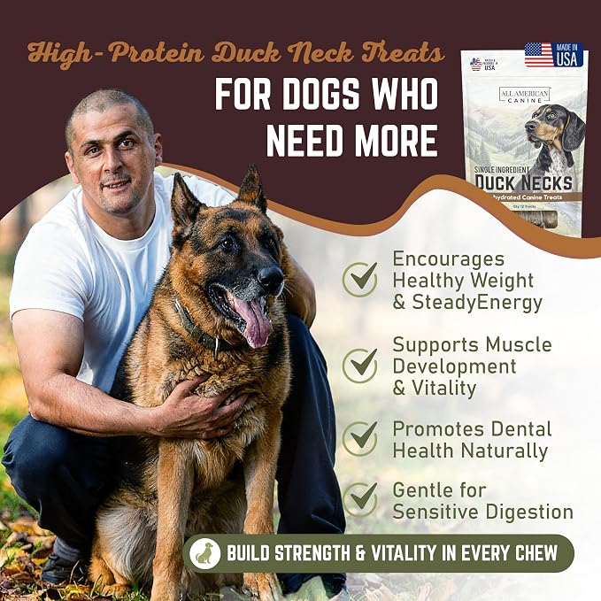 All American Canine 12 Natural Duck Neck Dog Treats – Single Ingredient, Dehydrated & Chewy – Low-Fat, High-Protein Training Reward – Made in USA