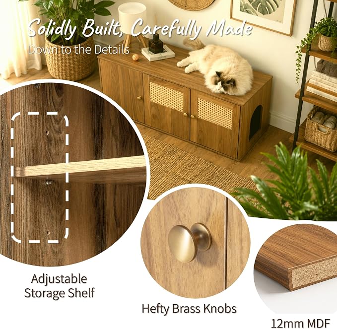 Cat Litter Box Enclosure Furniture with Storage, Hidden Litter Box Cabinet 42.5"L x 18.5"W x 16.9"H, Double as Cat House TV Stand End Table for Living Room, Midcentury Modern Style (Oak, Rattan Doors)