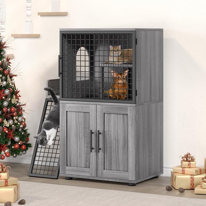 Cat Litter Box Enclosure Furniture with Double Layer Design, Hidden Litter Box & Lounge Villa for Indoor Cats - Includes Ladder, Platform, and Washroom Space for Living Room, Wax Wood