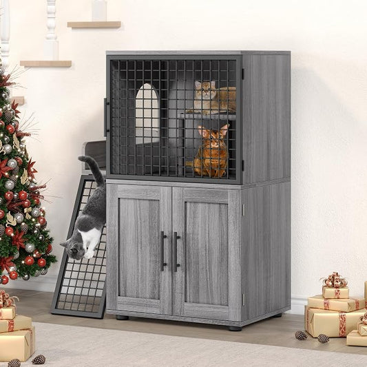 Cat Litter Box Enclosure Furniture with Double Layer Design, Hidden Litter Box & Lounge Villa for Indoor Cats - Includes Ladder, Platform, and Washroom Space for Living Room, Wax Wood