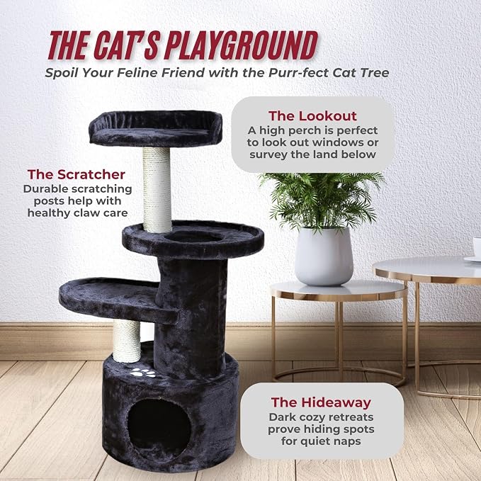 TRIXIE Pet Products Oviedo Cat Tree, Dark Gray, 3 levels (43847) | 3-Level Cat Tower, Sisal Scratching Posts, Plush-Lined Condo, Play Tunnel, Two Platforms, Padded Perch Bed