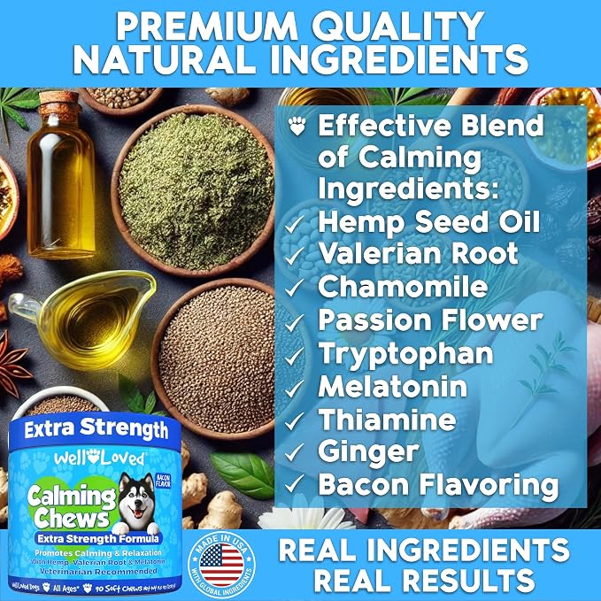 Well Loved Calming Chews for Dogs - Dog Calm Treats, Made in USA, Vet Recommended, Behavior Support with Melatonin & Hemp, Stress, Separation, Fireworks, Travel, Extra Strength