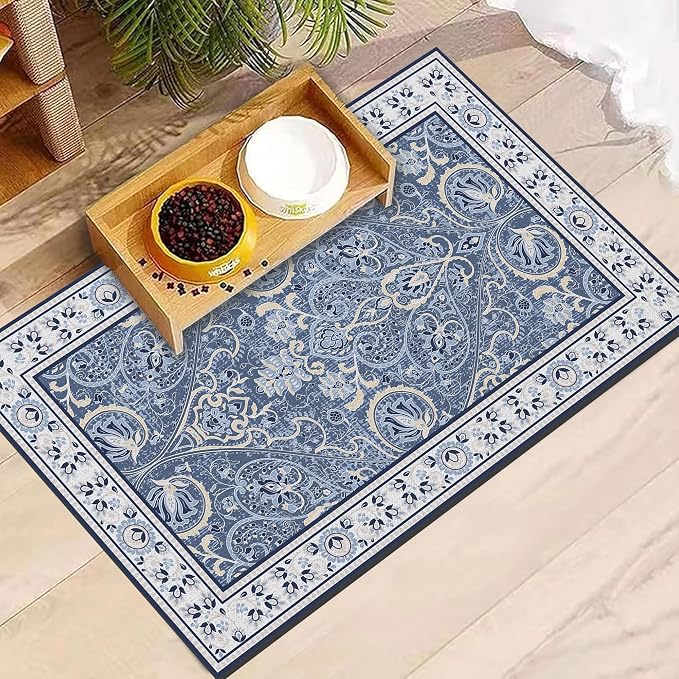 Blue Floral Pet Feeding Mat, Absorbent Dog/Cat Food Mat for Food and Water Bowl, Non-Slip Quick Dry Pet Placemat Floor Protector for Messy Drinkers(12 x 20 in)