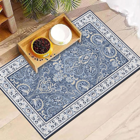 Blue Floral Pet Feeding Mat, Absorbent Dog/Cat Food Mat for Food and Water Bowl, Non-Slip Quick Dry Pet Placemat Floor Protector for Messy Drinkers(12 x 20 in)