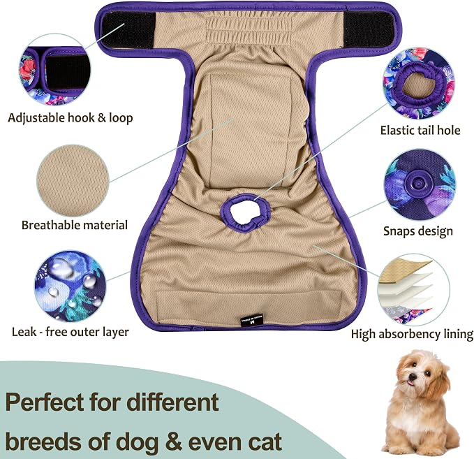 Female Dog Diapers - Premium Reusable Diapers for Doggie in Heat - Highly Absorbent for Pet Incontinence with Adjustable Snaps Rose Flower, L