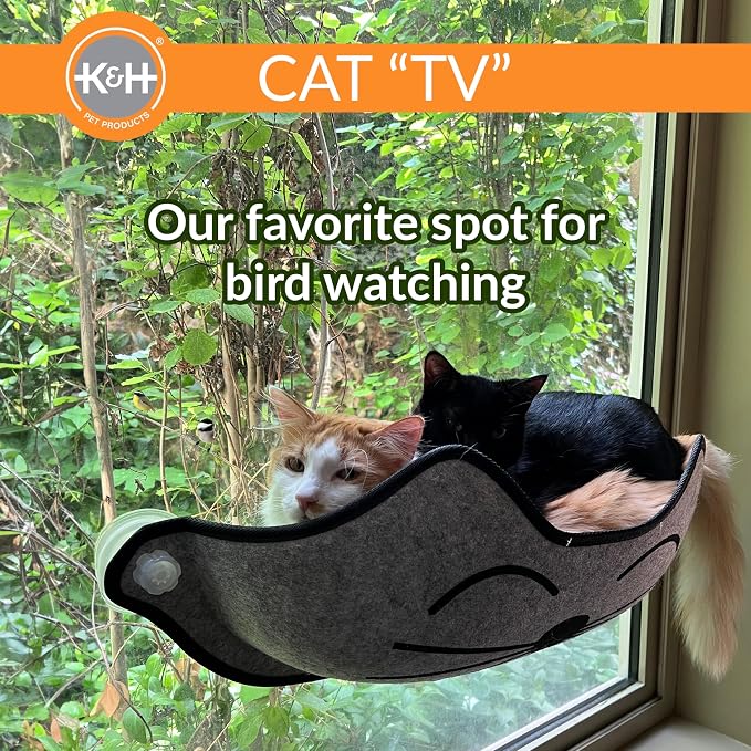 K&H Pet Products EZ Mount Kitty Face Cat Window Perch Bed, Sturdy Cat Window Hammock with Strong Suction Cups, Washable Sleeping Pad, Fits 30" W X 15" H Glass Spaces - Gray Kitty Face Design