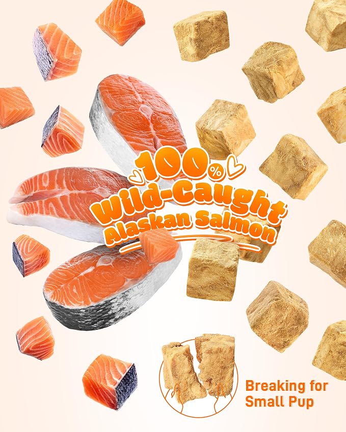 Freeze Dried Salmon Dog Treats-100% Wild-Caught Single Ingredient, Whole-Cut Large Pieces–Grain-Free, High Protein Low Calorie, Omega-3 for Skin & Coat, Training Treats for All Dogs(11oz)