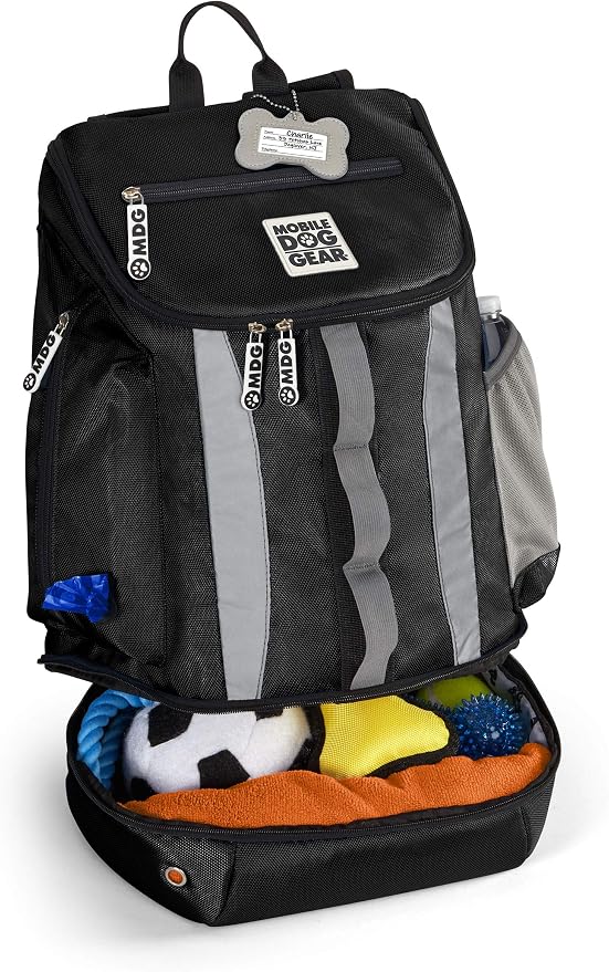 Mobile Dog Gear, Dog Travel Bag, Drop Bottom Week Away Backpack for Medium and Large Dogs, Includes 2 Lined Food Carriers and 2 Collapsible Dog Bowls, Black