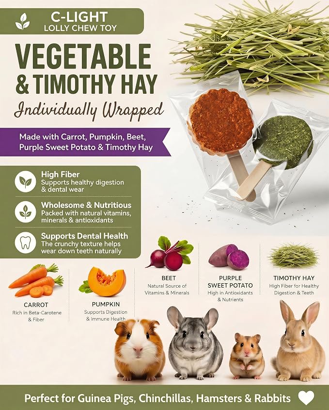 C-LIGHT Guinea Pig Chew Toys, Rotating Spinner + 8 Pcs Timothy Hay Rabbit Chew for Teeth Grind & Digestion, Rust-Proof Aluminum Toy, for Rabbit, Bunny, Chinchilla, Hamster Dental Health (Sliver)
