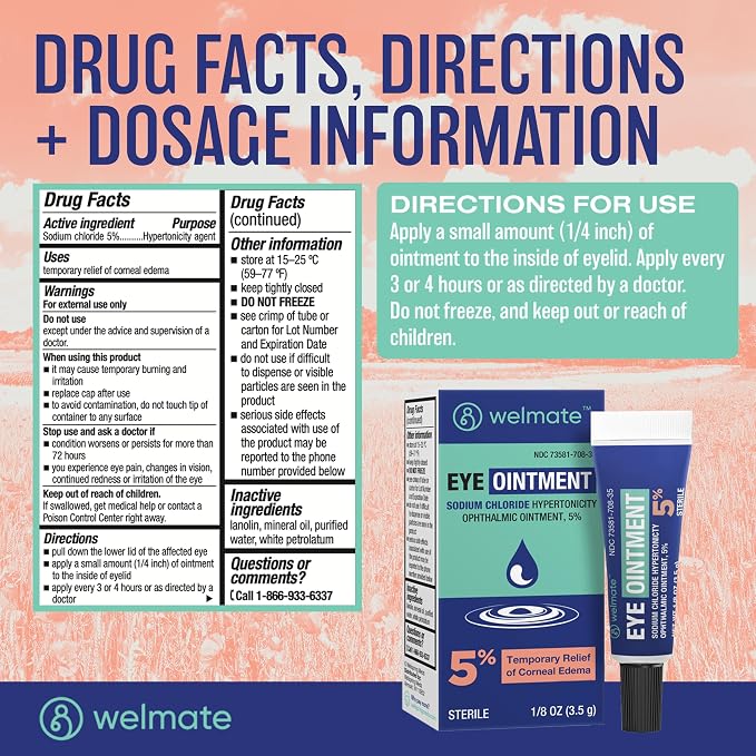 WELMATE - Eye Ointment (1 Tube) - Sodium Chloride Hypertonicity Ophthalmic Ointment 5% - Relief of Corneal Edema Symptoms - Lanolin & Mineral Oil - Sterile - Travel Size - Eye Care - 1/8 oz (3.5g)