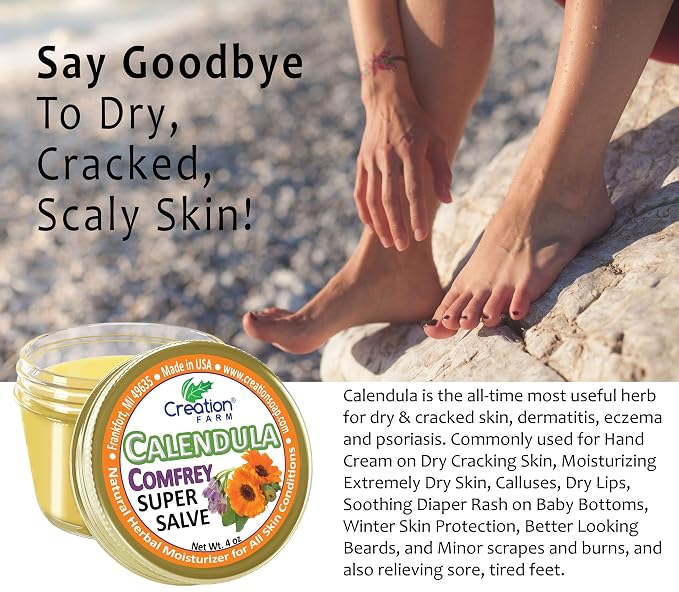 Calendula Comfrey Super Salve 8OZ- (2-4 oz Jars), by Creation Farm Balm Soothes Baby Bottoms, Hand Cream for Dry Cracked skin, Tattoos and Beards Grown and Made in USA from Real Herbs
