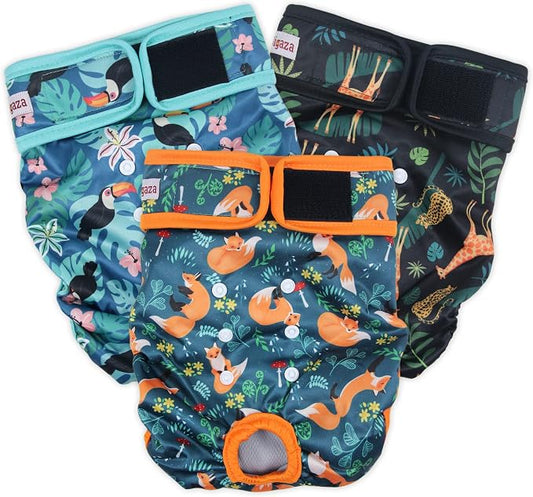 Washable Dog Diapers (3 Pack), Reusable Dog Diapers for Doggie Heat Period, Reusable Doggie Diaper for Female Dogs (Giraffe, Tucan, Fox, Medium)