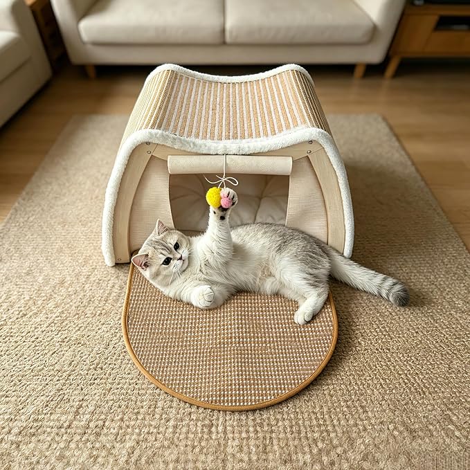 Cat Houses for Indoor Cats, Cat House with Natural Sisal Cat Scratcher Mat, Sturdy Solid Wood Frame Cat Houses & Condos, 4 Seasons Cat Bed Cave with Curtains, Sisal Scratching Pad & Mat