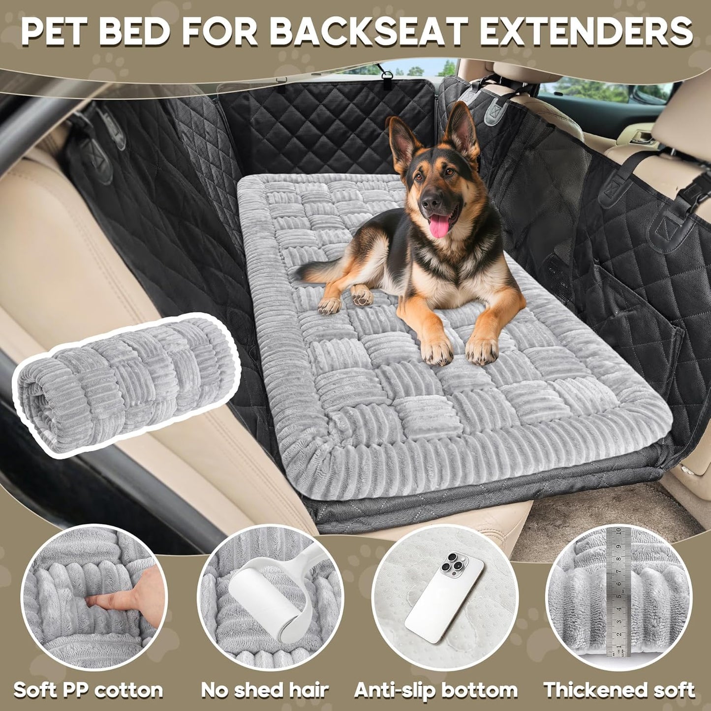 Dog Car Bed Mat, Non-Slip Backseat Extender Pet Blanket, Plaid Dog Bed for Trucks, Sedans & Large SUVs, Chew-Resistant Travel Pad for Dogs, Easy Clean & Scratch-Proof & Comfort（56"x28.7" Light Gray