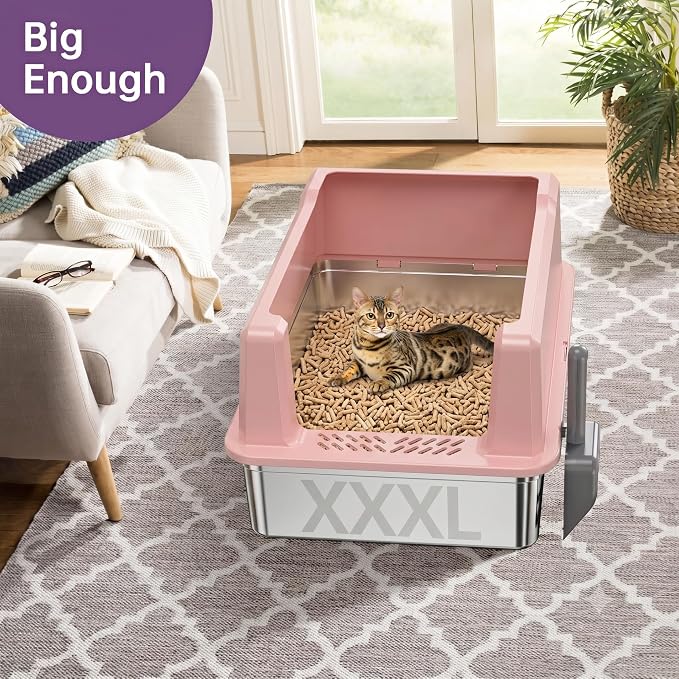 XXL Stainless Steel Cat Litter Box with Lid, 26" L x 18" W x 12" H Metal Litter Box with Hight Sides for Big Cats & Multiple Cats, Never Absorbs Odors, Anti-Urine Leakage, Easy Cleanin(Pink)
