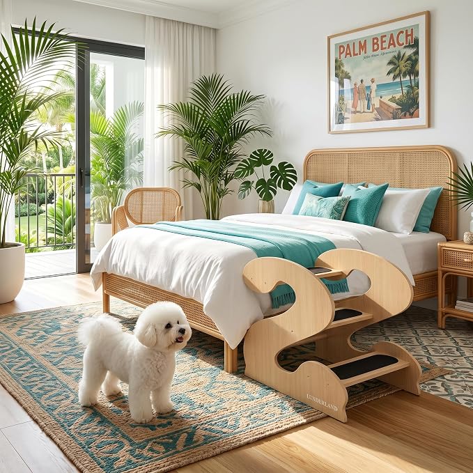 Wood Dog Stairs for Bed and Sofa (YellowMapleGrainPatten) | 3-Step Small Senior Pet 23¼ D x 16¾" W x 19⅜ H,Trainer-Recommended Wood Ramp Steps