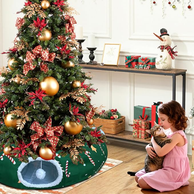 Cat Tunnel Bed in Christmas Style with Star, Crutches Candy, and Snowflakes Patterns - 3FT x 3FT x 9.8 INCH Size Green Decorative for Festive Felines