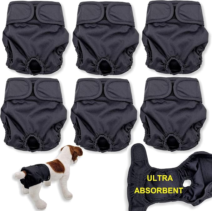 Pack of 3 or 6 Female Dog Diapers with 4 - Layers of Absorbent Pads Cat Panties Waterproof Leak Proof Washable (L: Waist 20" - 26", Pack of 6 Black)