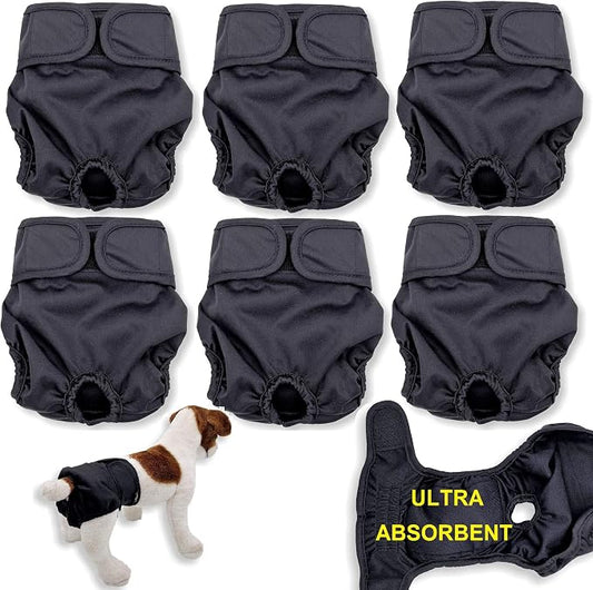 Pack of 3 or 6 Female Dog Diapers with 4 - Layers of Absorbent Pads Cat Panties Waterproof Leak Proof Washable (L: Waist 20" - 26", Pack of 6 Black)