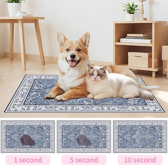Blue Floral Pet Feeding Mat, Absorbent Dog/Cat Food Mat for Food and Water Bowl, Non-Slip Quick Dry Pet Placemat Floor Protector for Messy Drinkers(12 x 20 in)