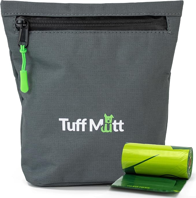 Tuff Mutt Dog Poop Bag Holder with Dispenser, Odor-Blocking Liner and Water-Resistant Fabric, Holds Full Dog Waste Bags, Adjustable Waist Belt, Includes Doggy Poop Roll