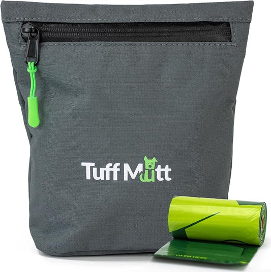 Tuff Mutt Dog Poop Bag Holder with Dispenser, Odor-Blocking Liner and Water-Resistant Fabric, Holds Full Dog Waste Bags, Adjustable Waist Belt, Includes Doggy Poop Roll