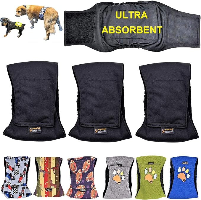 Pack of 3 or 6 Male Dog Diapers 4 - Layers of Absorbent Pads Waterproof Leak Proof Belly Band Wrap Washable (XL: Waist 20" - 26", Pack of 3 Black)
