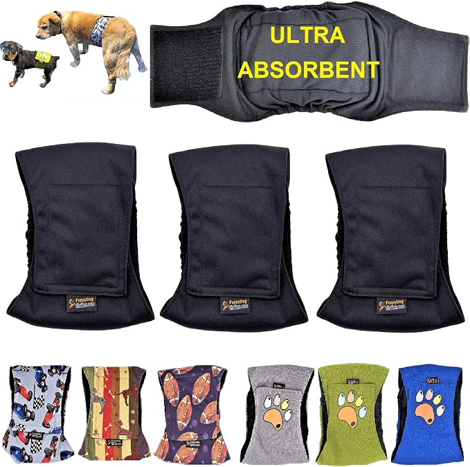 Pack of 3 or 6 Male Dog Diapers 4 - Layers of Absorbent Pads Waterproof Leak Proof Belly Band Wrap Washable (M: Waist 12" - 16", Pack of 3 Black)