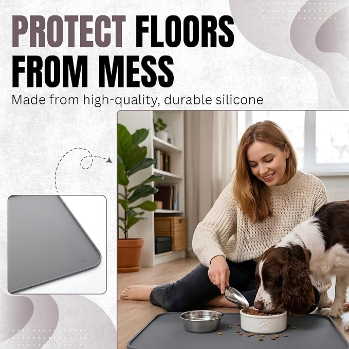Silicone Pet Feeding Mat 2 Pack 19 x 12 Inch Waterproof Dog & Cat Food Mat with Raised Edge, Non Slip BPA Free Dog Bowl Mat for Food and Water Bowls, Spill Proof Floor Protector (Grey)