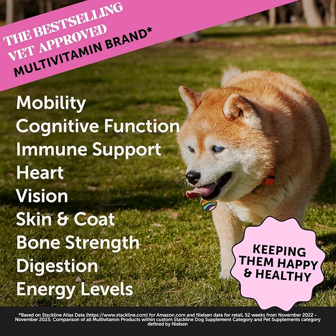 Senior Dog Multivitamin Supplement for Aging Dogs - Hip & Joint Stiffness, Eye Health, Brain & Heart Care - Older Dog Vitamins with Glucosamine & Probiotics - Immune Support & Vitality (Duck, 90 Ct)