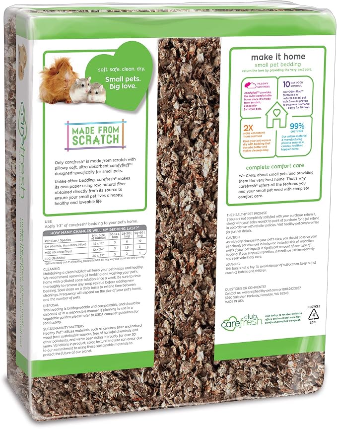 Carefresh Small Pet Bedding, 99% Dust-Free Natural Paper with Superior 10 Day Odor Control & Absorption for Guinea Pigs, Hamsters, Rabbits, & Rats, 60 L