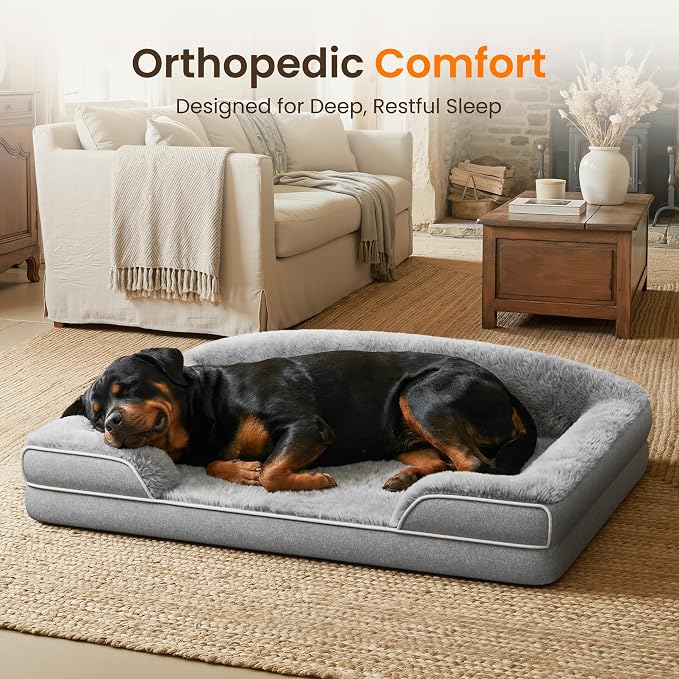 Orthopedic Jumbo Dog Bed for Giant Dogs, 48 x 35 Inch Waterproof Memory Foam XXL Dog Sofa Bed with Sides, Non-Slip & Washable Removable Cover, Light Grey