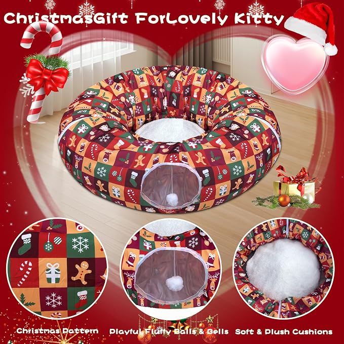Cat Tunnel Bed in 3FT x 3FT x 9.8IN - Christmas Style with Star, Snowflakes, Socks, Reindeer, Gingerbread People, Balloons, Bell & Candy Patterns - Red Color Perfect for Festive Felines