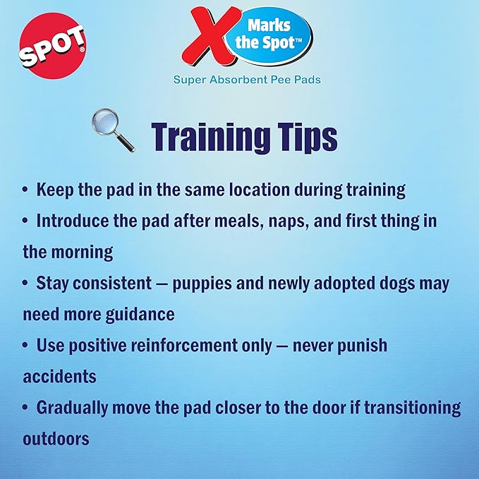 SPOT X Marks The Spot Extra Absorbent Puppy Pads with Adhesive Strips & Pheromones – Attracts Dogs to Center for Training & Potty, 22" x 22", 50-Pack