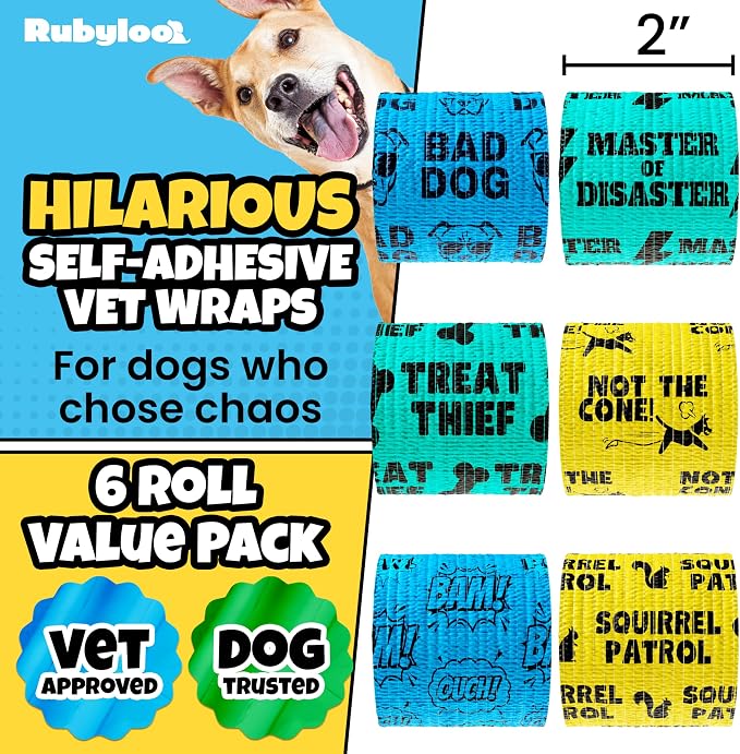Rubyloo Vet Approved Essential Pet First Aid Kit Supplies to Treat Dogs & Cats in an Emergency with Boy’s 6 Pack of 2 Funny Vet Wrap Bandages for Home, Camping, Car, RV
