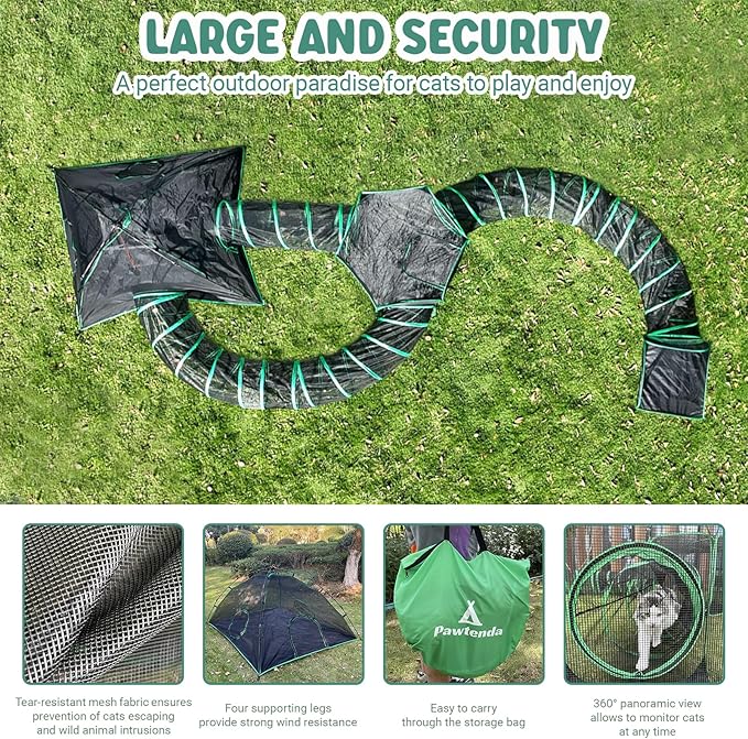 Pawtenda 6-in-1 Cat Tents for Outside, Portable Outdoor Cat Enclosures for Indoor Cats, Pet Play Cage with Tunnels for Outside, Outdoor Catio, Pet Playpen Including 3 Tents and 3 Tunnels