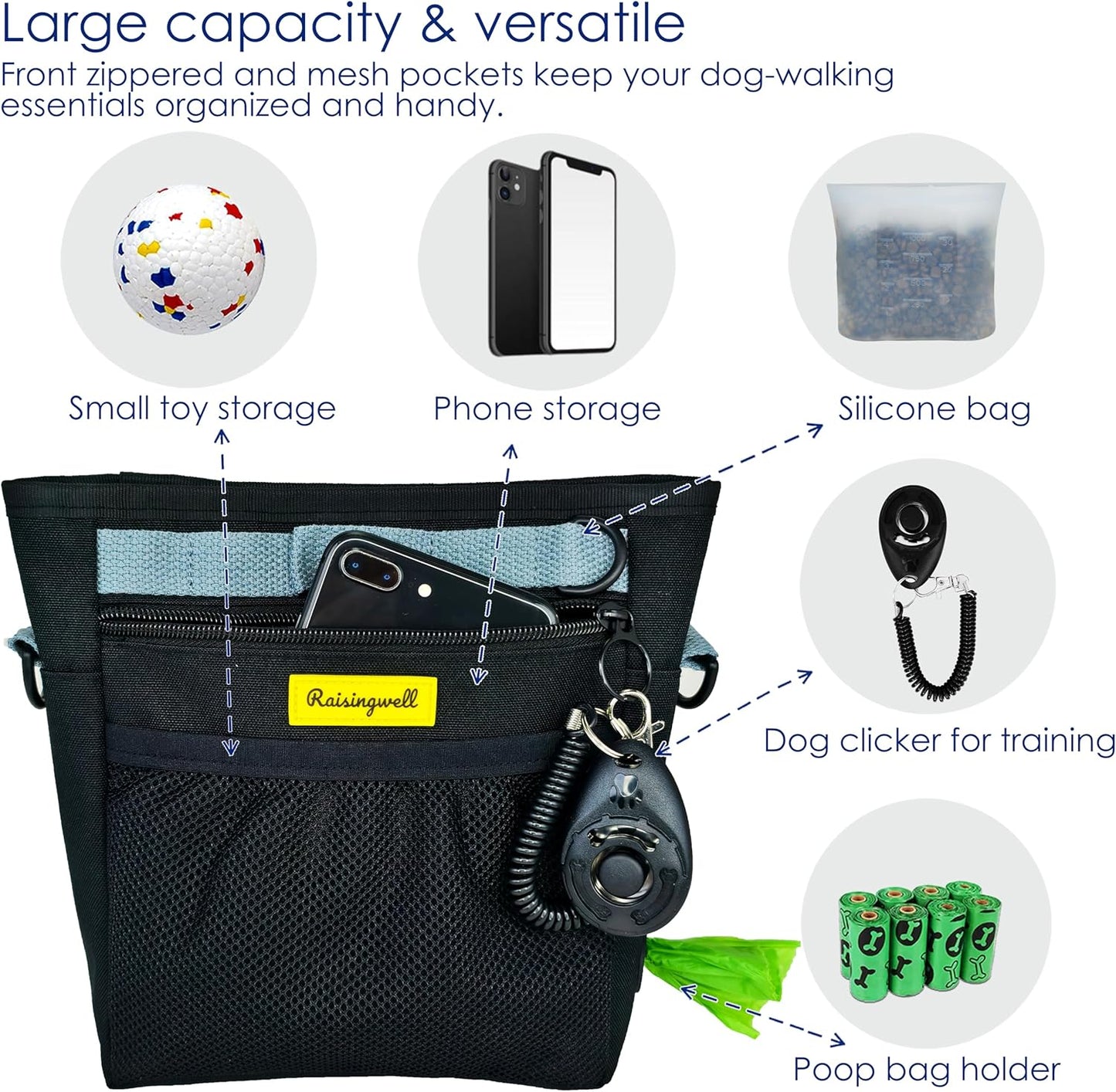 Dog Treat Pouch with Magnetic Closure 4-Cup Silicone Bag Fanny Pack Holder with Clicker 4 Ways to Wear Front Pocket Fits All Phones Ideal for Leash, Pet Walking and Training（Black）