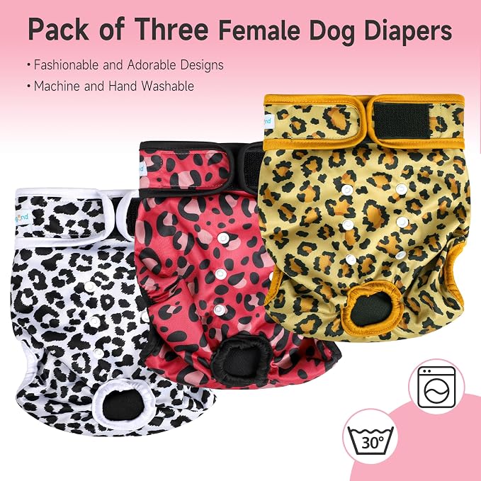 Paw Legend Washable Reusable Female Dog Period Diapers for Heat Doggie Puppy Diapers for Female Dogs (3 Pack, Leopard, Small)