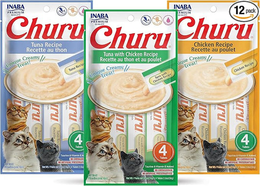INABA Churu Lickable Purée Natural Cat Treats Tuna & Chicken 3 Flavor Assortment of 12 Tubes