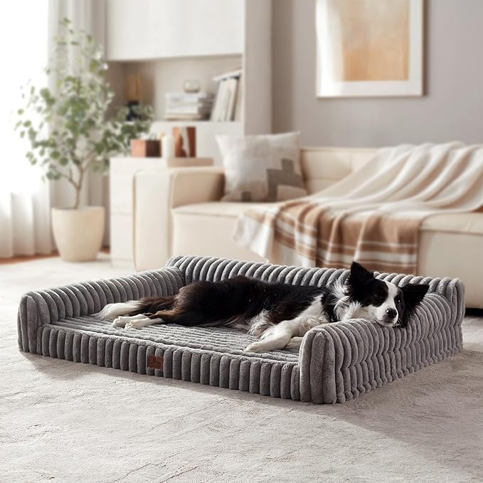 Orthopedic Dog Bed Large Pet Beds with Removable Washable Cover, Couch-Like Sofa Design for S to XXL Dogs Up to 50 lbs, with Soft Short Plush Surface & Foam, 35x25x9.5 Inch, Grey