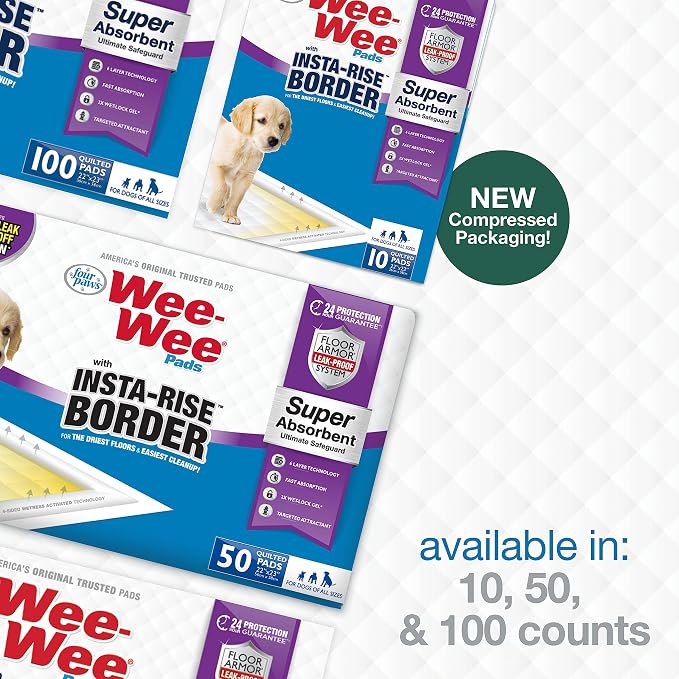 Four Paws Wee-Wee Super Absorbent Unscented Pee Pads for Dogs & Puppies with Insta-Rise Border, Leak-Proof Dog Housebreaking Potty Training Floor Protection, 22" x 23", 10 Count