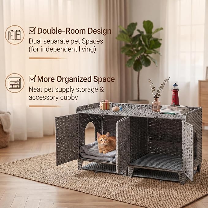 Garvee Handwoven Rattan Cat Litter Box Enclosure Furniture, Hidden Cat Washroom Cabinet with Door and Mat, Spacious Pet House with s-Hooks, for Living Room and Bedroom