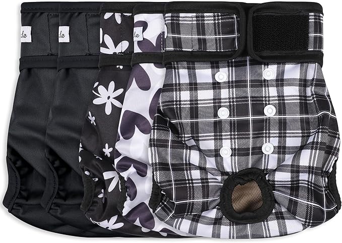 Washable Female Dog Diapers (5 Pack) - Doggie Reusable Small Medium Large Dog Diapers for Doggy Puppy Female in Period - Highly Absorbent Dog Heat Panties,S Plus,Black Set