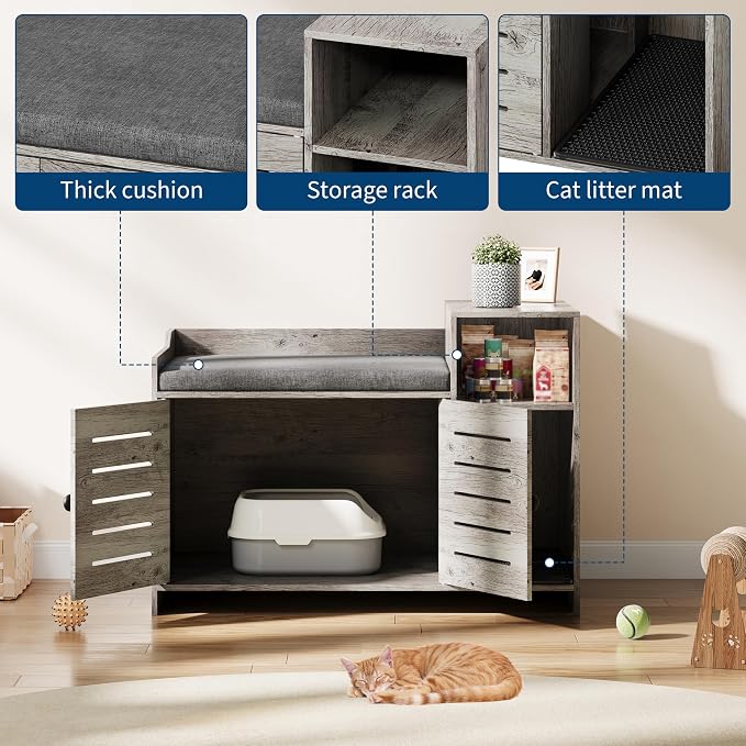 Hidden Cat Litter Box Furniture Enclosure with Mark Pad – Spacious Wooden Cat Cabinet, Double Doors, Storage Layer, Dog-Proof, Easy Cleaning – Hallway or Bedroom, Teak Oak