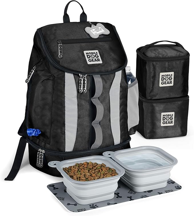 Mobile Dog Gear, Dog Travel Bag, Drop Bottom Week Away Backpack for Medium and Large Dogs, Includes 2 Lined Food Carriers and 2 Collapsible Dog Bowls, Black