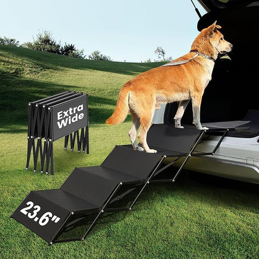 Dog ramps with 23.6" Extra-Wide - Portable 4-Dog Steps with Non-Slip Surface, 250 lbs Capacity for Large Dogs, Extra-Wide Foldable Dog Ramps for Cars, SUVs, and Trucks