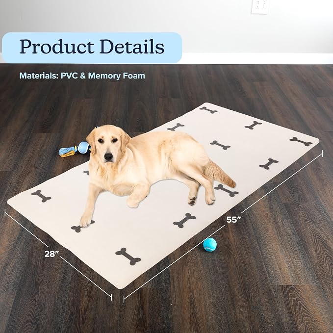 Dog Mat for Food and Water, Crate Pad, and Floor Protector - 55” x 28” Extra Large PVC Memory Foam Pad with Non-Slip Bottom - Stain, Scratch, and Water-Resistant Floor Mat by PETMAKER (Dog Bones)