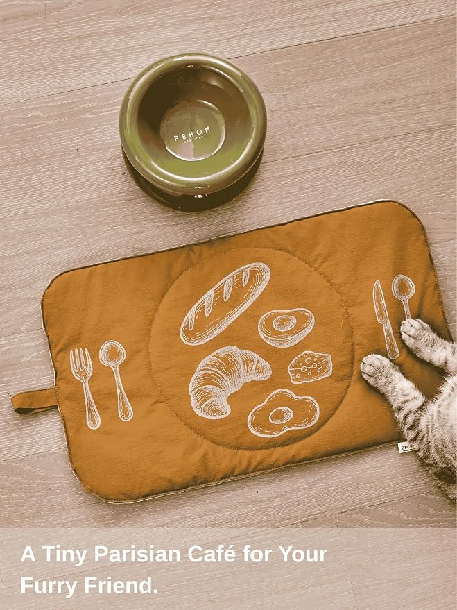 Quilted Pet Feeding Mat for Dogs and Cats, Soft Padded Placemat with Water-Resistant Fabric & Anti-Slip Silicone Backing, Machine Washable with Hanging Loop, 11.8x19.7 – Mustard Yellow