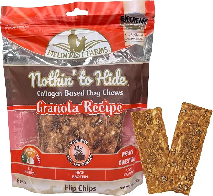 Fieldcrest Farms Nothin to Hide Flip Chips Dog Chews - Natural Rawhide Alternative Treats for Dogs, Collagen Based Snack for Moderate Chewers Up to 35lbs, Granola Flavor